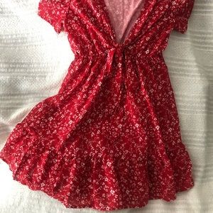 Red and white floral front tie dress